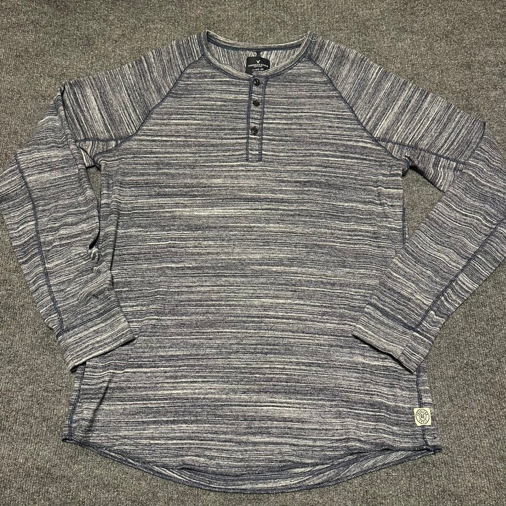 American Eagle Outfitters Mens‎ Henley Long Sleeve Shirt Blue Space Dye LT Large